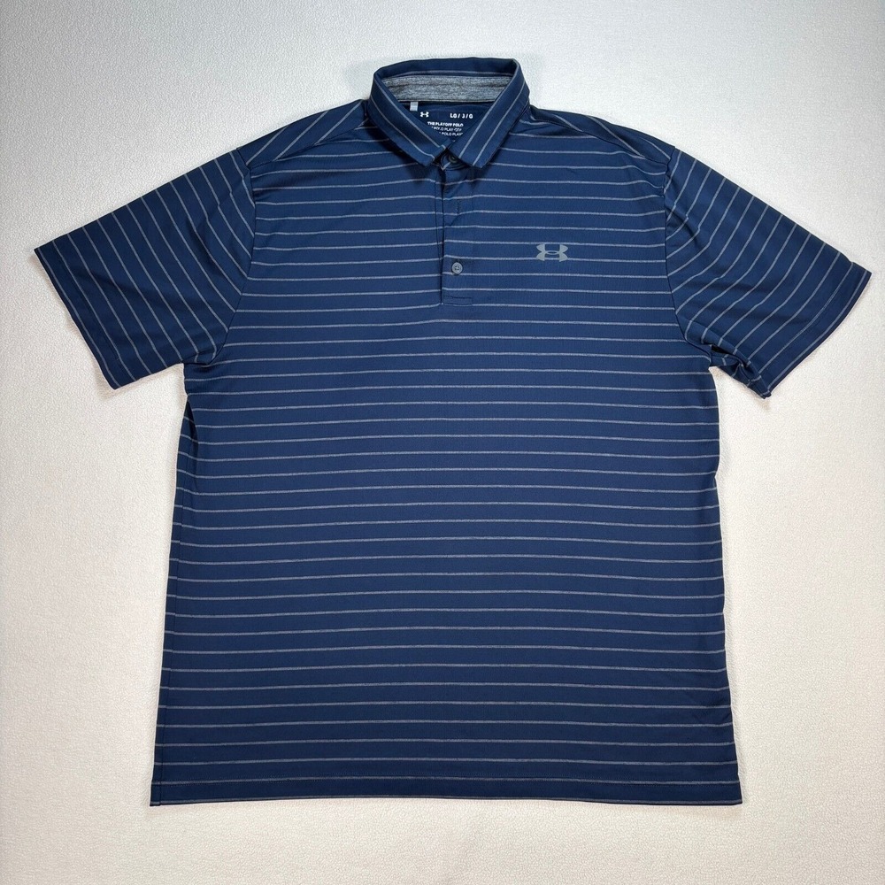 Under Armour The Playoff Polo Men's‎ L Navy Stripe Golf Performance Stretch Logo